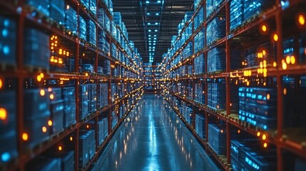 AI systems analyze data for predictive insights in a high-tech warehouse environment