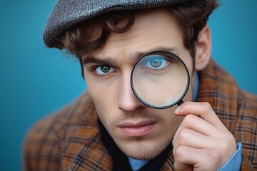 serious young detective holds a magnifying glass in his right eye
