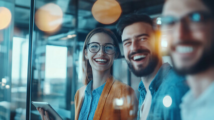 Young professionals share laughter during a bright office meeting