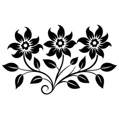 a black and white silhouette of a bunch of flowers. The flowers are daisies with five petals each and a yellow center. The stems and leaves are long and thin, with a few small buds