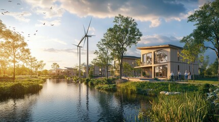 Obraz premium A Realistic photo of investor presenting innovative housing project using alternative energy such as wind turbines and solar panels, including trees