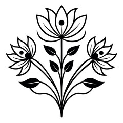 a black and white line drawing of a floral design. The design is made up of three flowers with intricate details and swirls