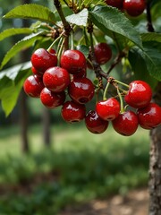 Fresh red cherries on a tree.