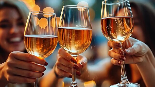 This Three friends joyfully toast with their glasses of rose wine at a festive gathering.