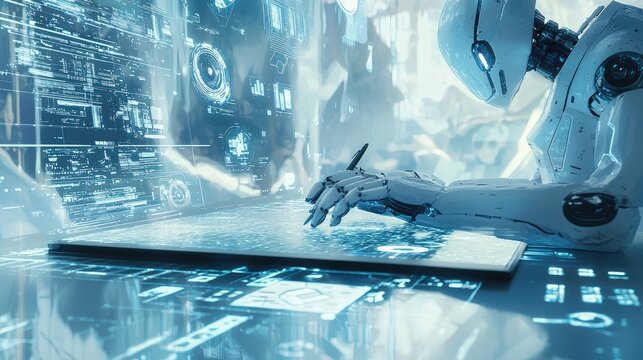 a sleek modern desk with a digital notepad where an cool robot script writer is typing out ideas surrounded floating concept art, dialogue snippets 