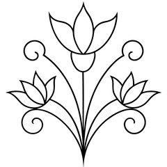 a black and white line drawing of a floral design. The design is made up of three flowers with intricate details and swirls