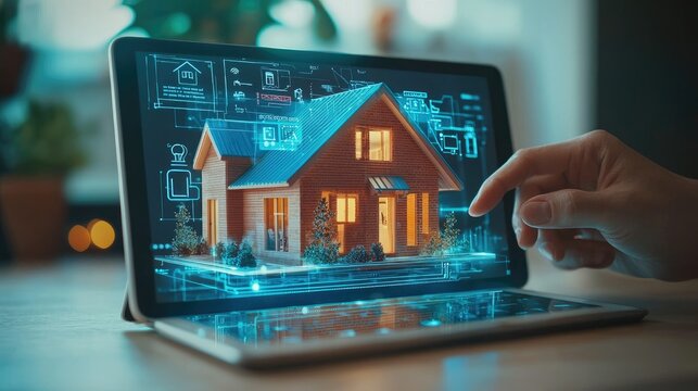 A tiny house model on a digital tablet, with a futuristic interface showing potential buyers virtual walkthrough options and interactive floor plans, 