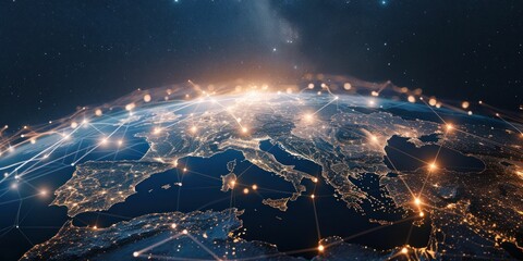 Global connectivity, digital network, Europe at night, illuminated cities, technology concept, data transmission, world map, glowing lights, satellite view of Earth