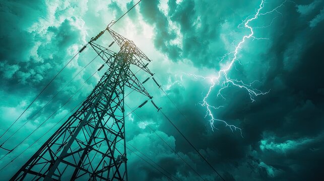 a very big lightnig hitting an electric tower , mint green and blue theme , 8k , realistic , high resolution