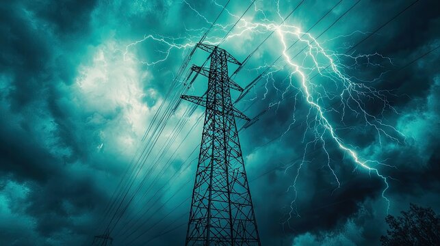 a very big lightnig hitting an electric tower , mint green and blue theme , 8k , realistic , high resolution