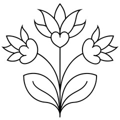 a black and white line drawing of a floral design. The design is made up of three flowers with intricate details and swirls