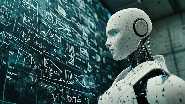 A white humanoid robot with an open face, standing in front of a blackboard filled with complex equations and geometric graphics, symbolizing