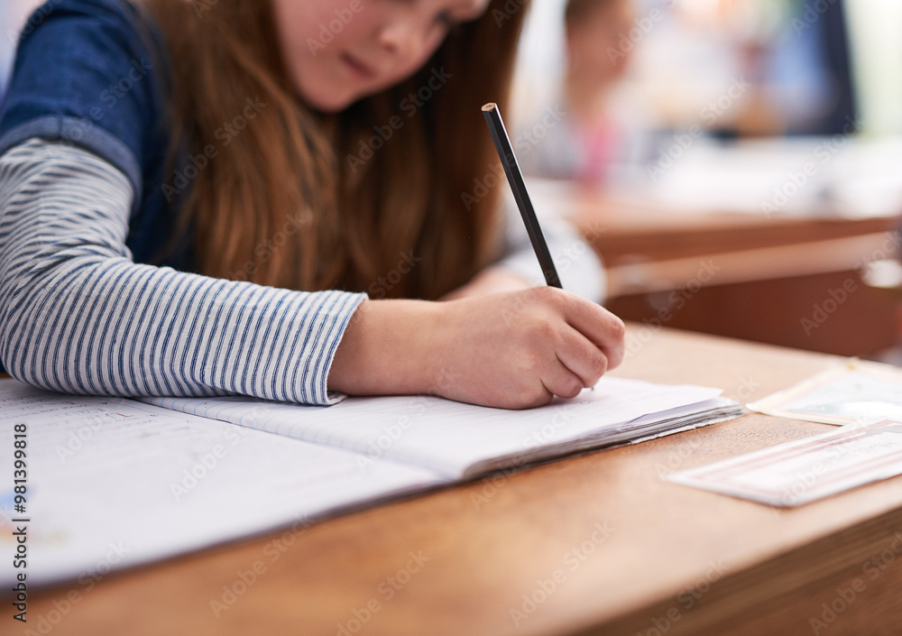 Aufkleber Hands, writing and girl in classroom for lesson in growth, child development and notebook for education. Math test, learning and student with exam notes, knowledge and study at elementary school