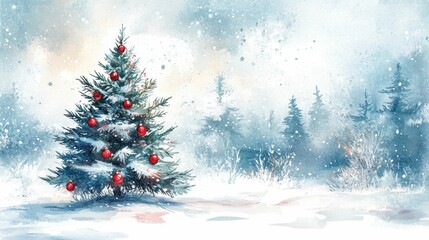 Christmas tree decorated with red ornaments, surrounded by snowy landscape and soft falling snowflakes, creating a peaceful winter scene with a blue gray background
