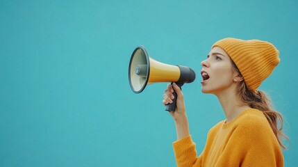 Young woman in vibrant yellow attire shouting through megaphone against turquoise background, embodying bold communication and activism in modern style.