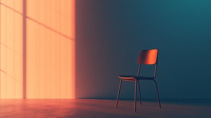 A solitary chair in a minimalist space, illuminated by soft, colorful light casting shadows on the wall.