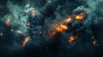 Dramatic explosion of dark smoke and sparks for special effects or visual effects background