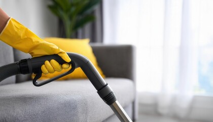 Close-up of a gloved hand vacuuming a grey sofa in a living room.  The hand is holding the nozzle of the vacuum cleaner.  There is a yellow pillow and plant in the background.