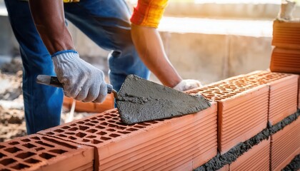 Construction worker using trowel to apply mortar to brick wall.