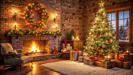 Obraz premium A cozy Christmas living room with a decorated tree and glowing fireplace. Wrapped presents, lit candles, and a large wreath create a festive atmosphere. Warm, rustic decor with a snowy window scene 