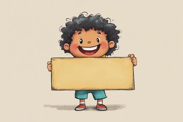 A happy child holding a blank sign, smiling brightly, with space on the sign for custom text. Perfect for kid-themed messages or announcements