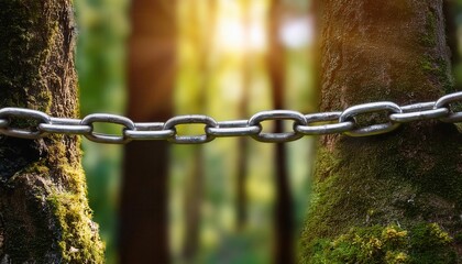 Obraz premium A metal chain connects two moss-covered trees in a sunlit forest.