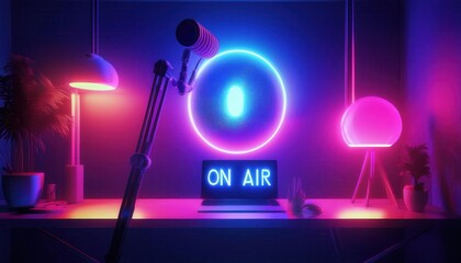 A microphone and laptop in a neon lit room, a sign reads "On Air". The scene suggests a podcast or radio broadcast.