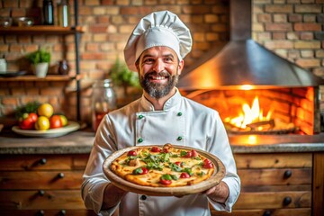 A smiling chef holding a pizza in front of a brick oven