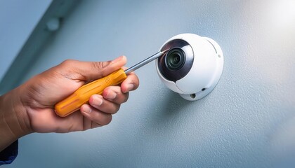 A hand using a screwdriver to install a security camera on a wall.