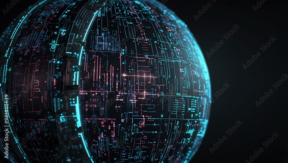 Aufkleber futuristic ai sphere with holographic data displays and circuits.