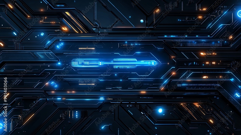 Poster a futuristic digital circuit board design featuring glowing blue and orange lines and patterns, symb