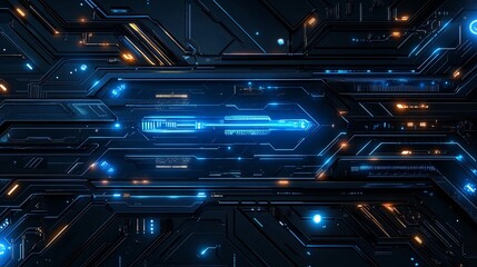 Fototapeta premium A futuristic digital circuit board design featuring glowing blue and orange lines and patterns, symbolizing technology and innovation.