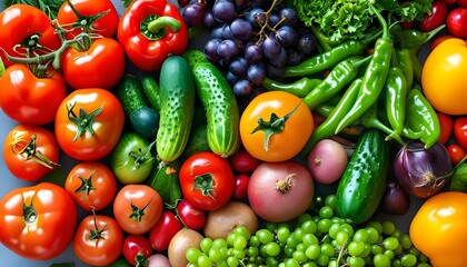 Vibrant display of fresh vegetables and fruits featuring an array of tomatoes, peppers, grapes, and cucumbers arranged in colorful rows.