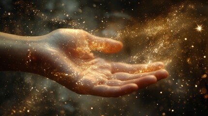 Fototapeta premium A mesmerizing and captivating image of a hand joyfully extended outward, surrounded by enchanting light and glittering cosmic dust, beautifully evoking a profound sense of wonder and pure magic