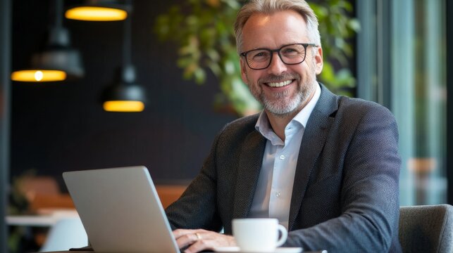 Smiling businessman working on a laptop at a stylish office table with coffee