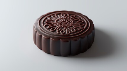 A close-up of a single chocolate mooncake with floral design on top, placed on a plain light background