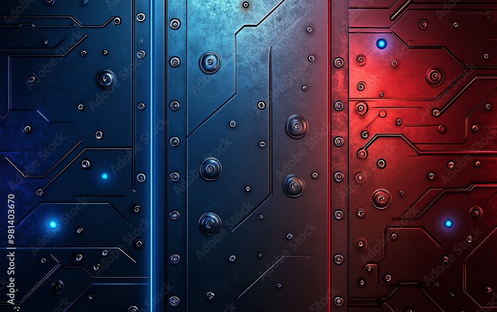 Poster a close-up of a metallic surface with circuit patterns and glowing lights, suggesting a futuristic o