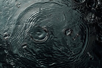 Raindrops creating ripples on a dark water surface with cloud reflections in high detail
