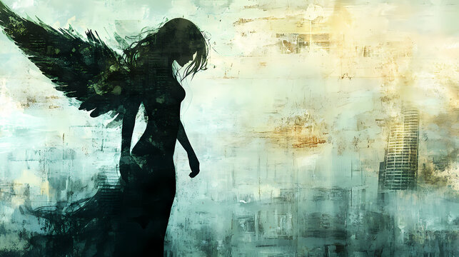 Ethereal angel silhouette merging with gritty abstract urban backdrop in muted tones. Muted Tones. Illustration