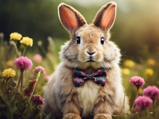 Fluffy rabbit wearing a stylish bow tie, sitting in a field of wildflowers, looking adorable and ready for fun.