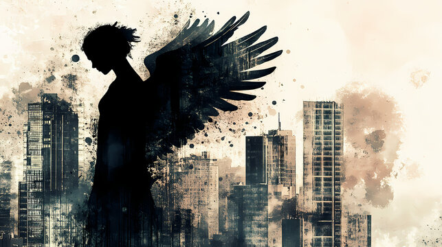 Ethereal angel silhouette merging with gritty abstract urban backdrop in muted tones. Muted Tones. Illustration