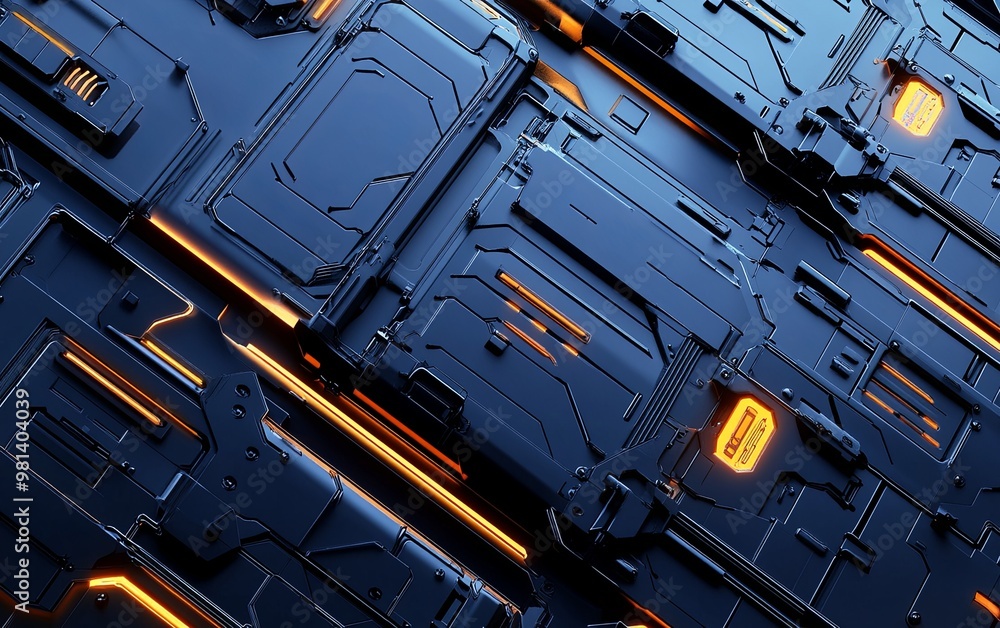 Poster a futuristic, high-tech surface with glowing orange lines and intricate patterns, evoking a sci-fi a