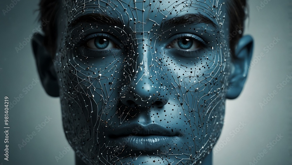 Poster futuristic face created from lines and dots on blue background