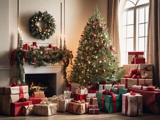 Obraz premium Neatly arranged presents under the christmas tree. The scene captures the excitement and joy of the holiday season.