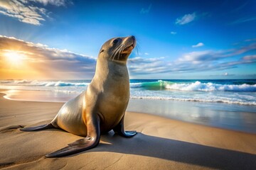 Fototapeta premium A seal is laying on the beach, looking out at the ocean