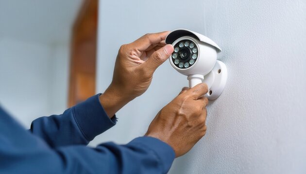 A technician's hands installing a white security camera on a wall.