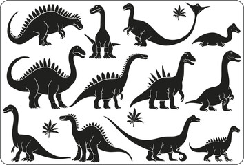 Digital illustration of a set of silhouettes of dinosaurs on a white background, Big set of dinosaurs silhouettes.