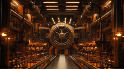 A large gear in an industrial setting, surrounded by pipes and machinery, illuminated by warm lighting.