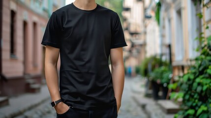 Fototapeta premium A young man in a black t-shirt standing in an alley, looking up and to the right, with a thoughtful expression.
