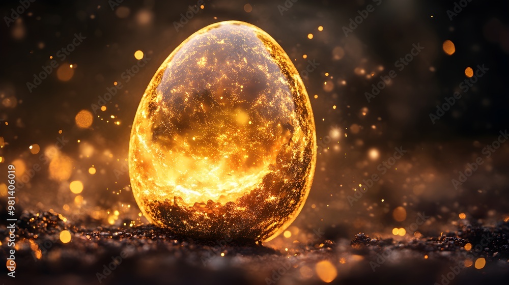 Poster bright particles and dots constructing a glowing egg image